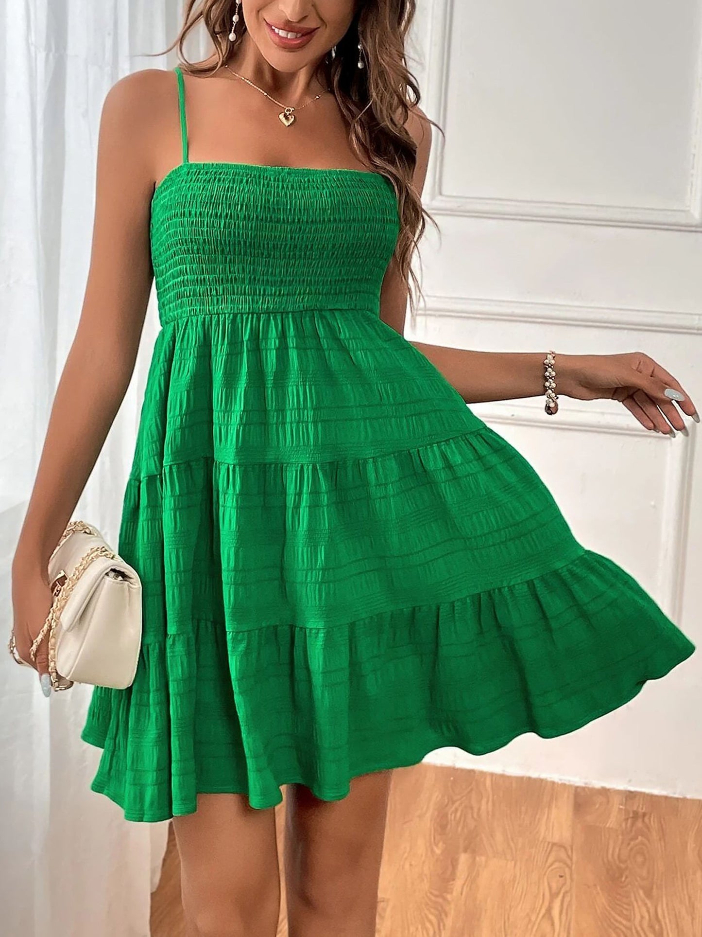 Effortless Tiered Mini Dress for Women with Smocked Bodice Spaghetti Strap Flowy Style