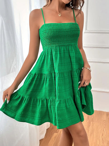 Effortless Tiered Mini Dress for Women with Smocked Bodice Spaghetti Strap Flowy Style