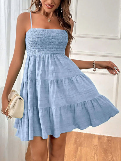 Effortless Tiered Mini Dress for Women with Smocked Bodice Spaghetti Strap Flowy Style