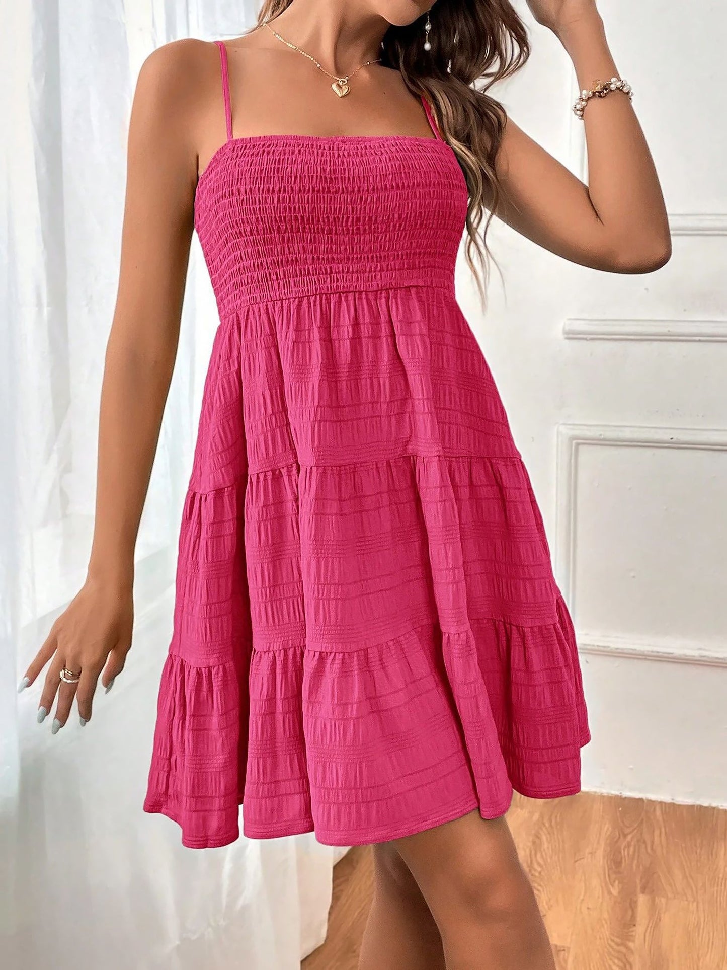 Effortless Tiered Mini Dress for Women with Smocked Bodice Spaghetti Strap Flowy Style
