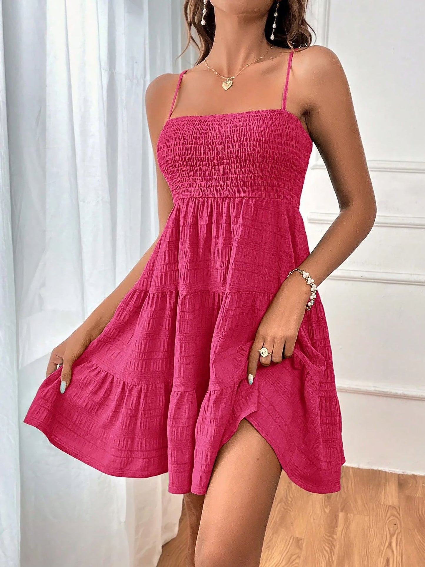 Effortless Tiered Mini Dress for Women with Smocked Bodice Spaghetti Strap Flowy Style