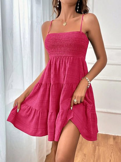 Effortless Tiered Mini Dress for Women with Smocked Bodice Spaghetti Strap Flowy Style