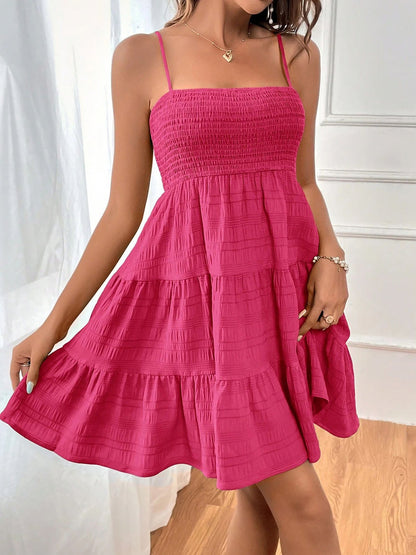 Effortless Tiered Mini Dress for Women with Smocked Bodice Spaghetti Strap Flowy Style