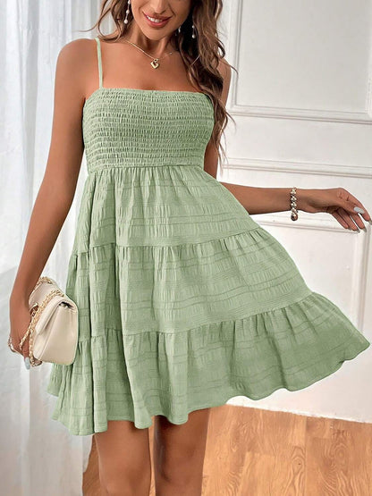 Effortless Tiered Mini Dress for Women with Smocked Bodice Spaghetti Strap Flowy Style