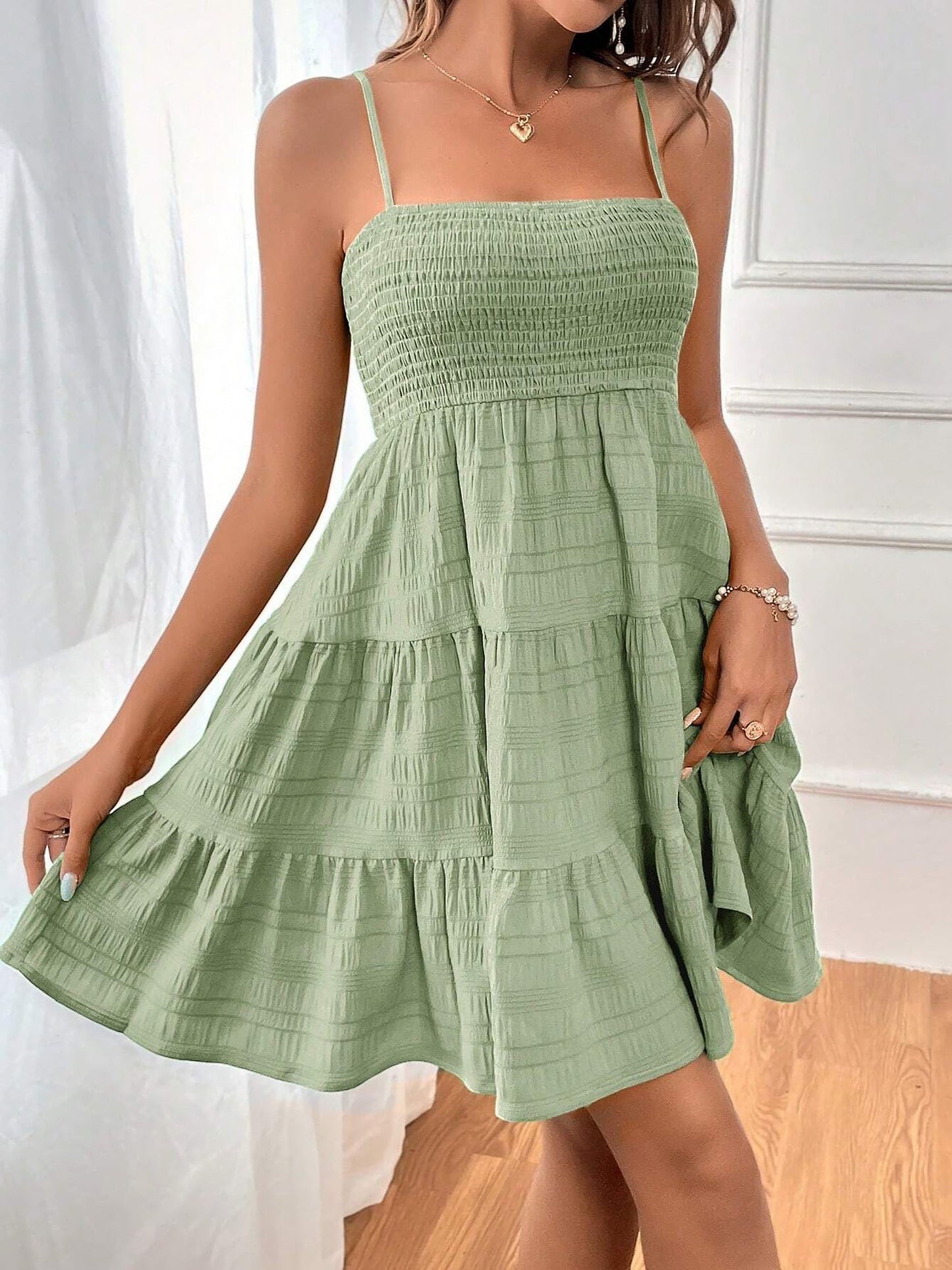 Effortless Tiered Mini Dress for Women with Smocked Bodice Spaghetti Strap Flowy Style