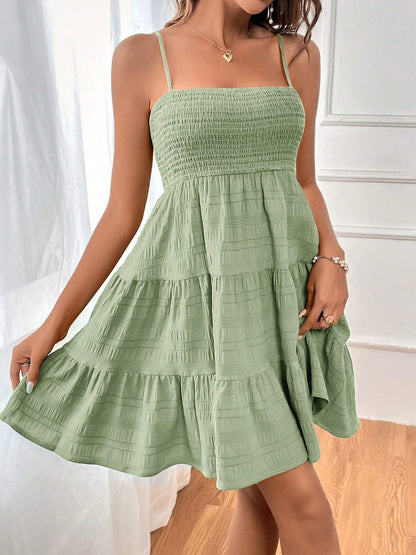 Effortless Tiered Mini Dress for Women with Smocked Bodice Spaghetti Strap Flowy Style