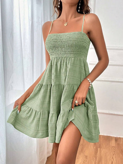 Effortless Tiered Mini Dress for Women with Smocked Bodice Spaghetti Strap Flowy Style
