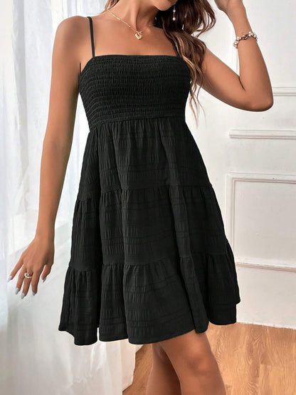 Effortless Tiered Mini Dress for Women with Smocked Bodice Spaghetti Strap Flowy Style