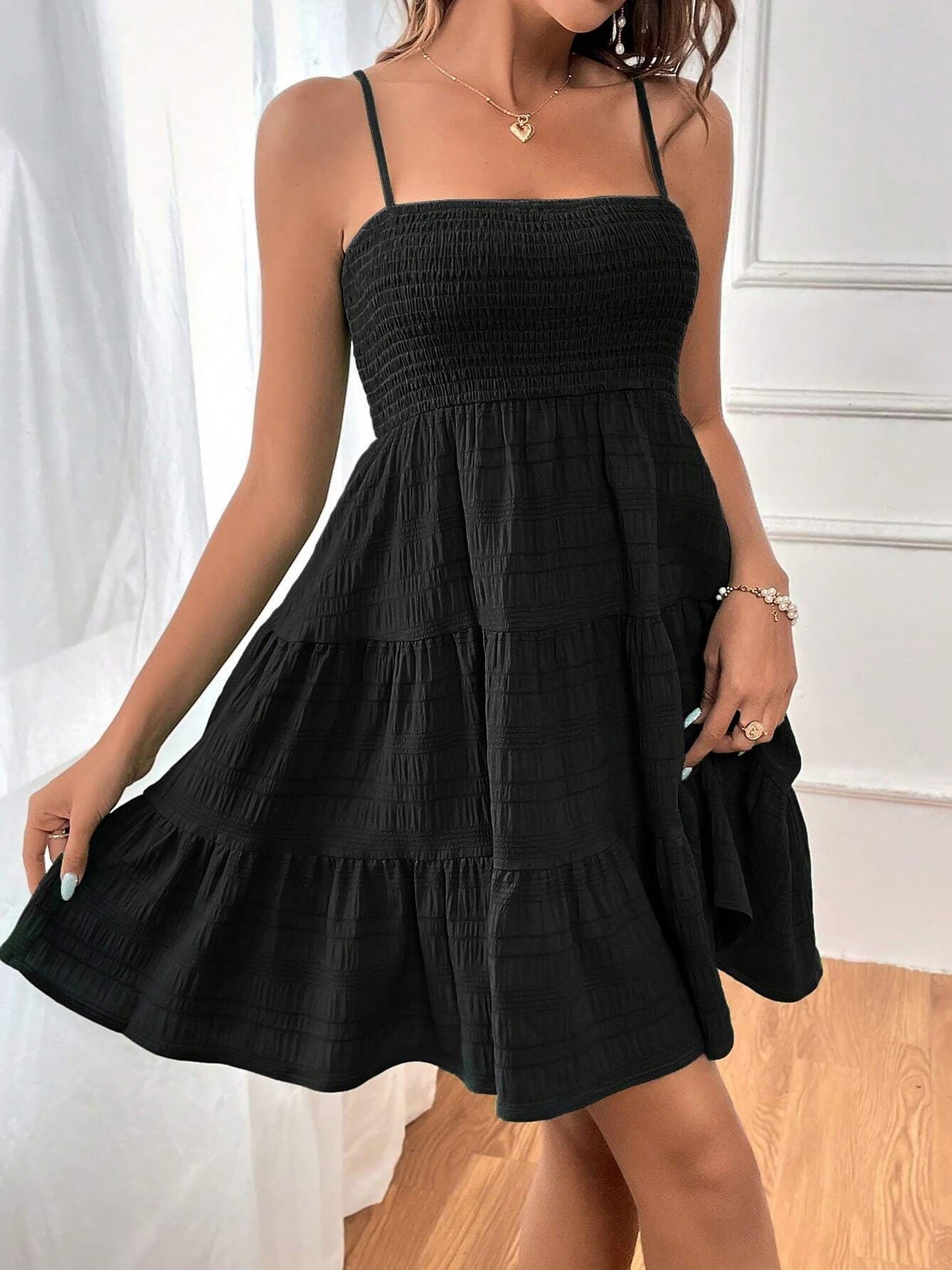 Effortless Tiered Mini Dress for Women with Smocked Bodice Spaghetti Strap Flowy Style