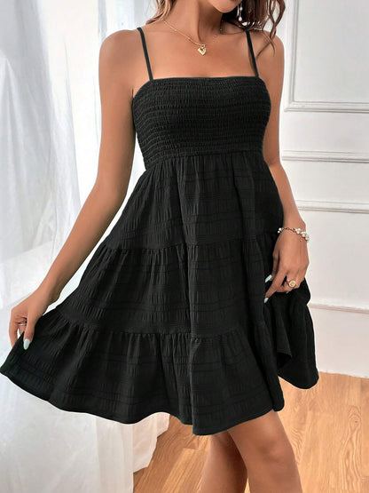 Effortless Tiered Mini Dress for Women with Smocked Bodice Spaghetti Strap Flowy Style