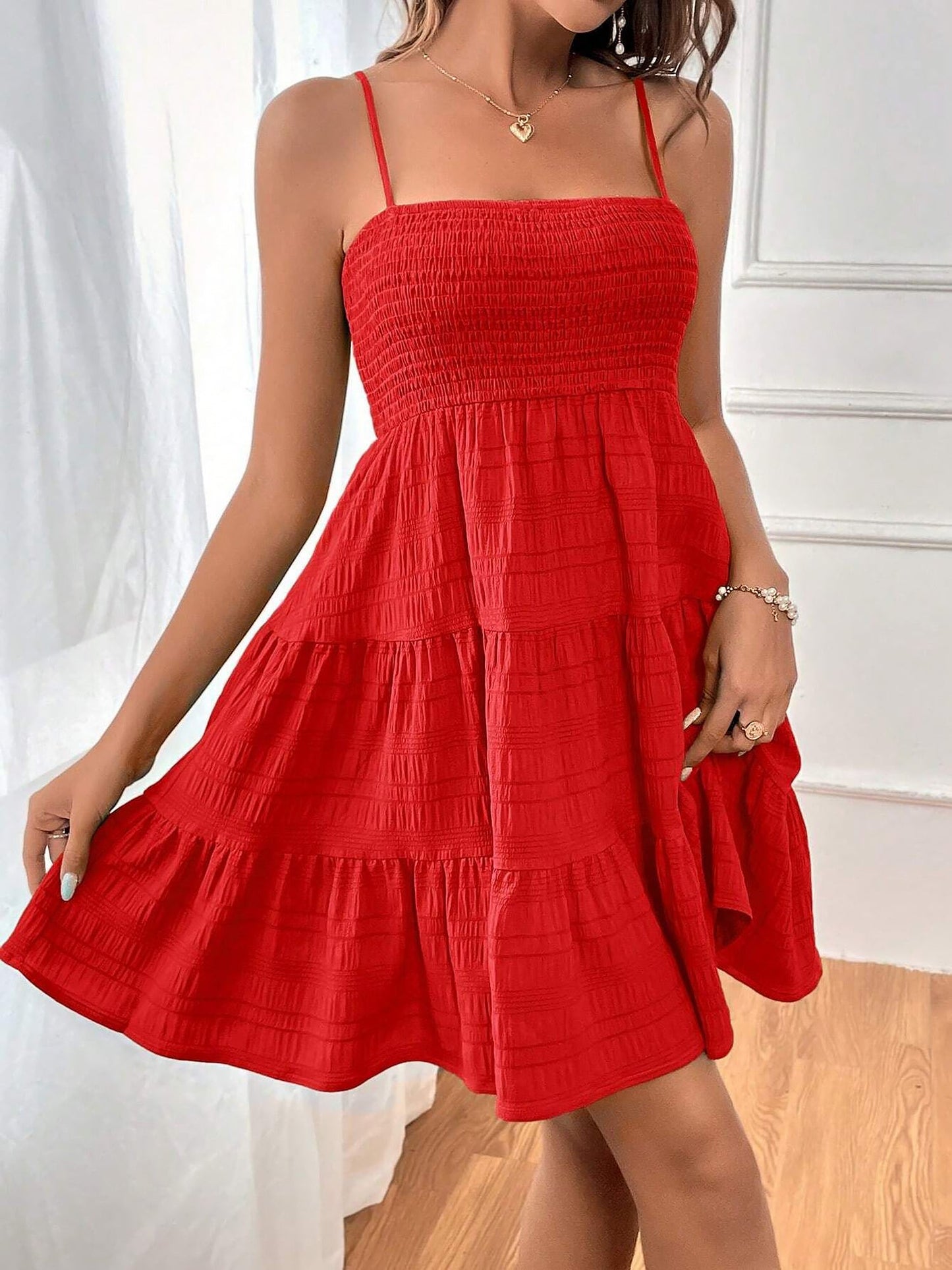 Effortless Red Tiered Mini Dress for Women with Smocked Bodice Spaghetti Strap Flowy Style