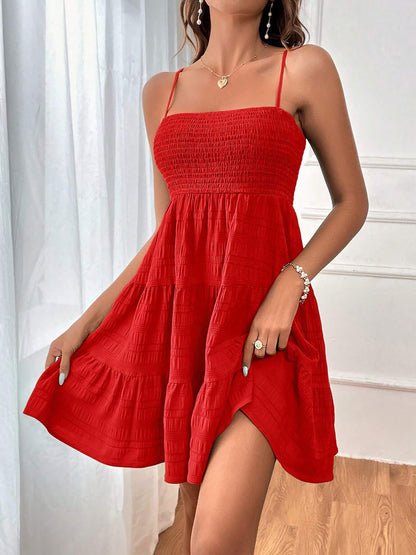 Effortless Red Tiered Mini Dress for Women with Smocked Bodice Spaghetti Strap Flowy Style