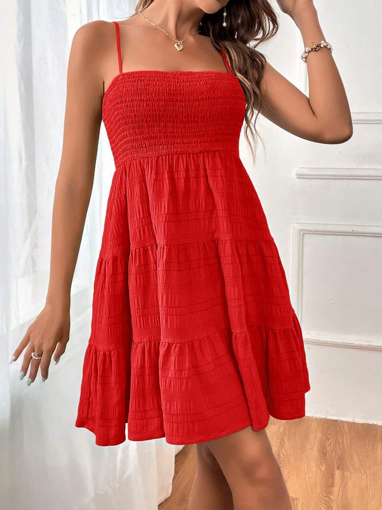 Effortless Red Tiered Mini Dress for Women with Smocked Bodice Spaghetti Strap Flowy Style