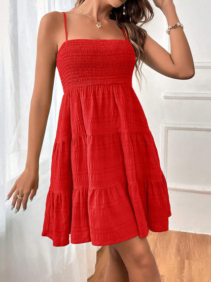Effortless Red Tiered Mini Dress for Women with Smocked Bodice Spaghetti Strap Flowy Style