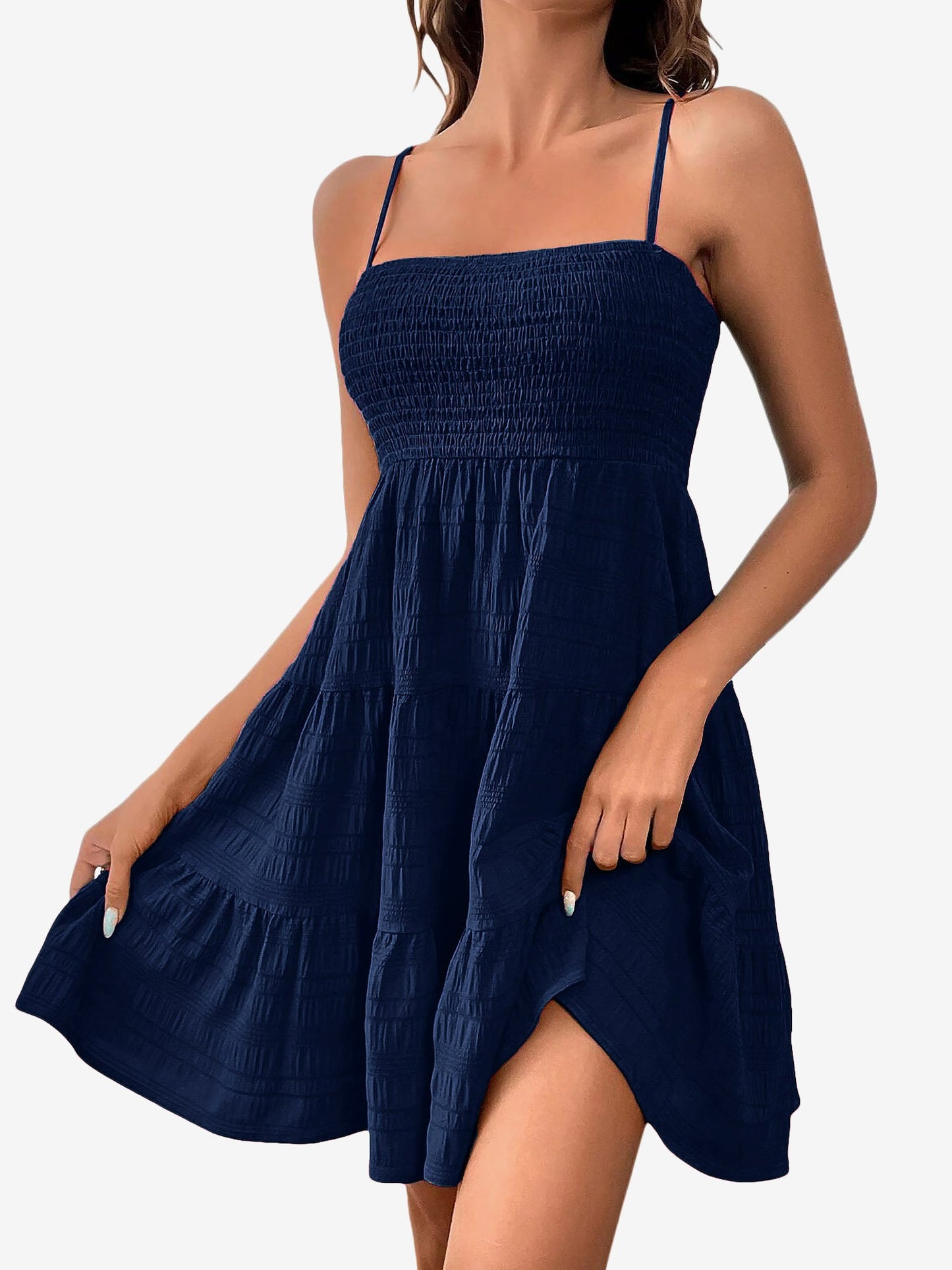 Effortless Tiered Mini Dress for Women with Smocked Bodice Spaghetti Strap Flowy Style
