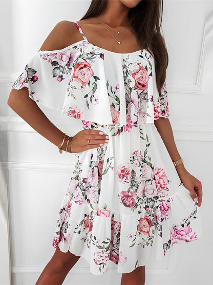 Effortless White Floral Mini Dress for Women with Off Shoulder Ruffle Sleeve