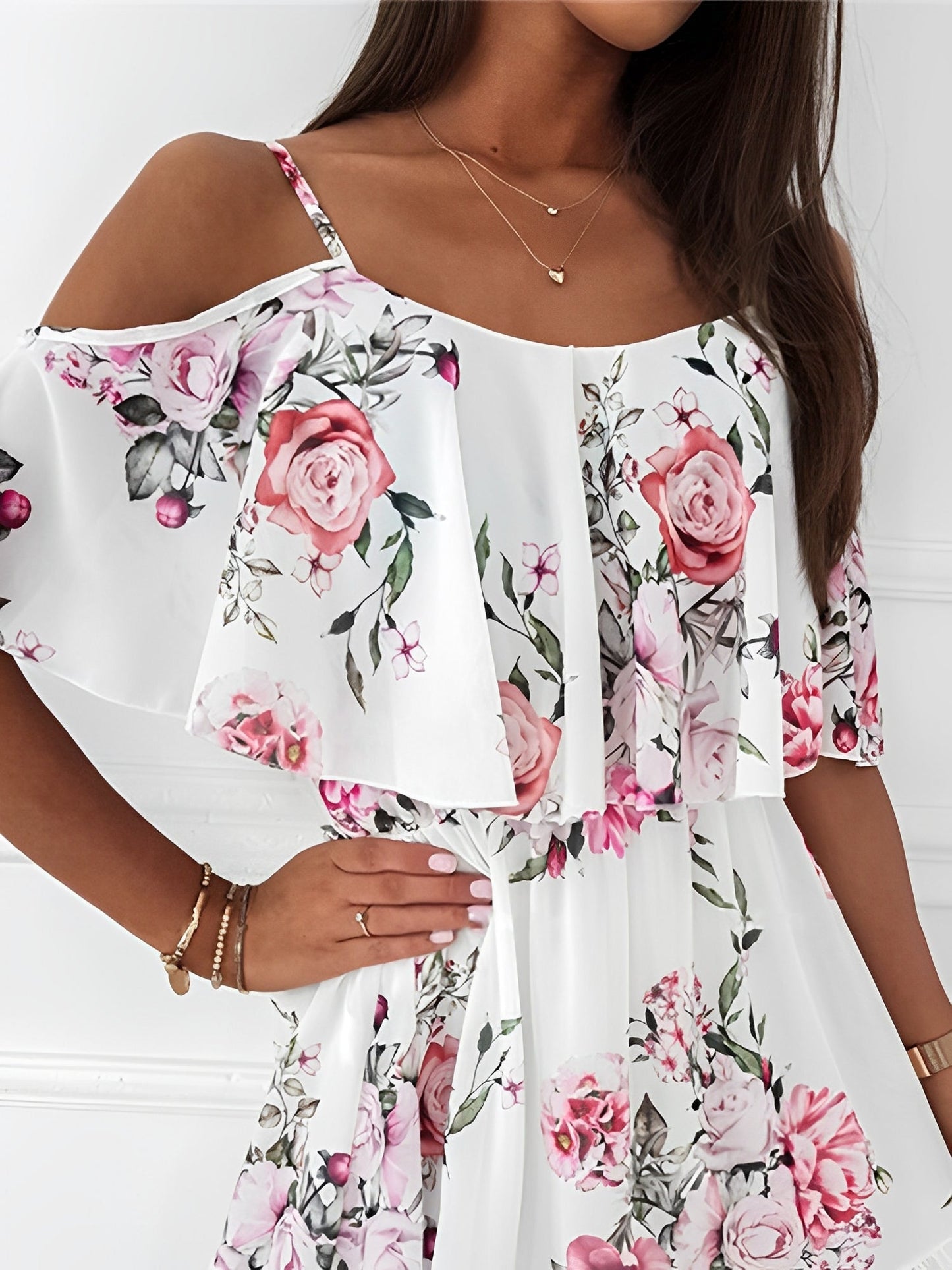 Effortless White Floral Mini Dress for Women with Off Shoulder Ruffle Sleeve