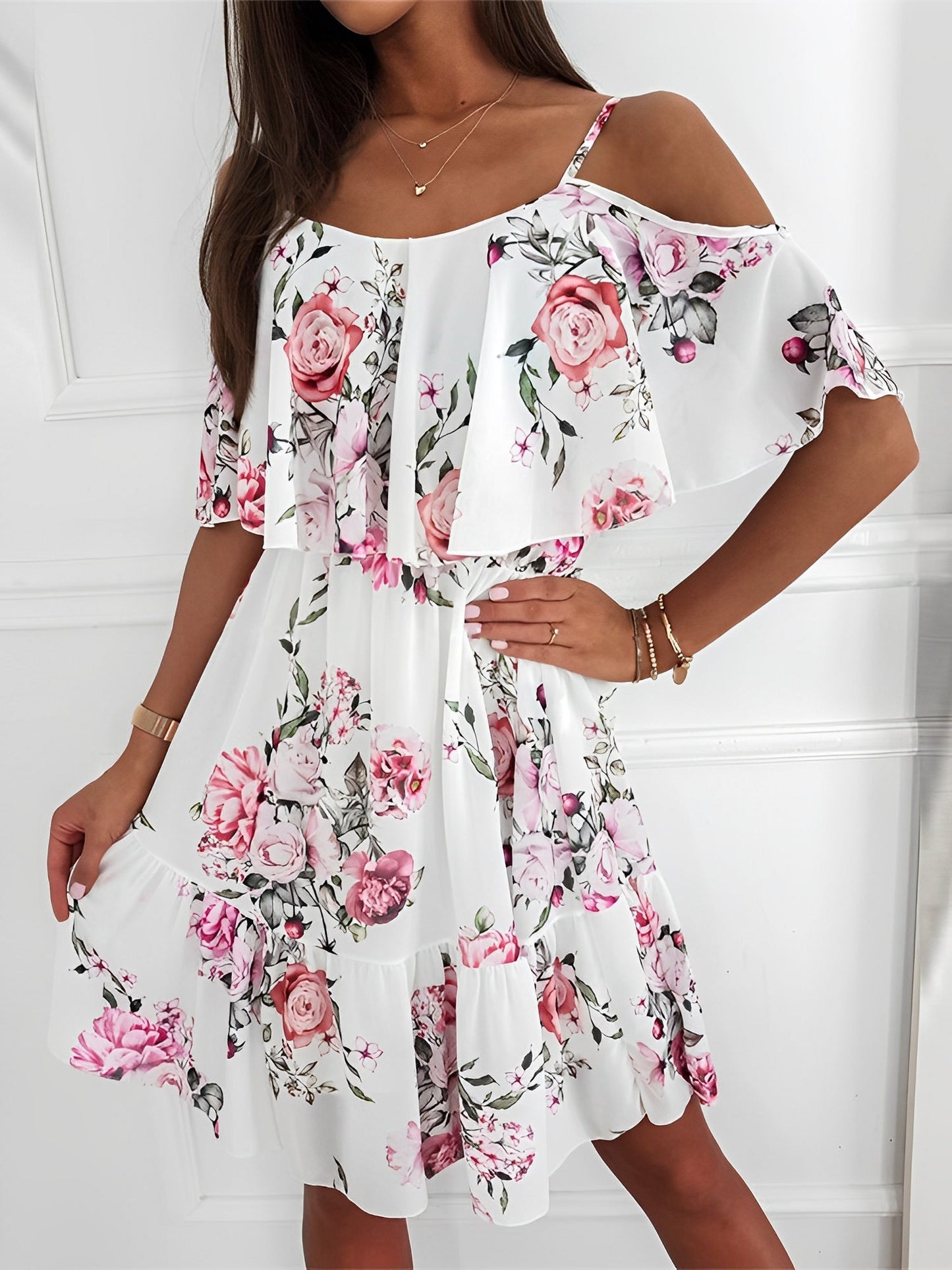 Effortless White Floral Mini Dress for Women with Off Shoulder Ruffle Sleeve