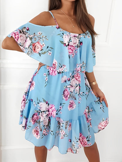 Effortless Floral Mini Dress for Women with Cold Shoulder Ruffle Trim Flowy Style