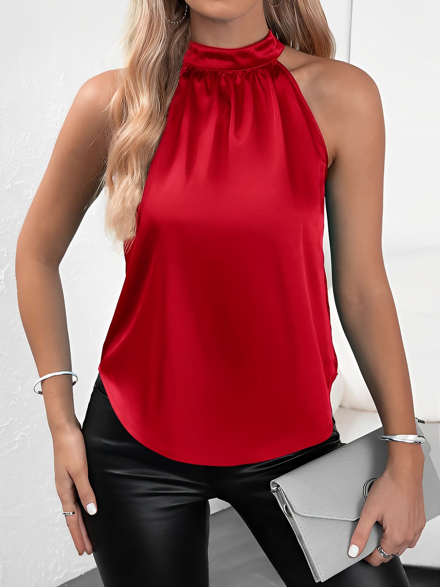 Effortless Satin Blouses for Women with Halter Neck Sleeveless Relaxed Tank Top Style
