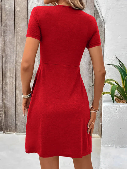 Elegant Red Dress for Women with V Neck Twist Front Short Sleeve Mini Style