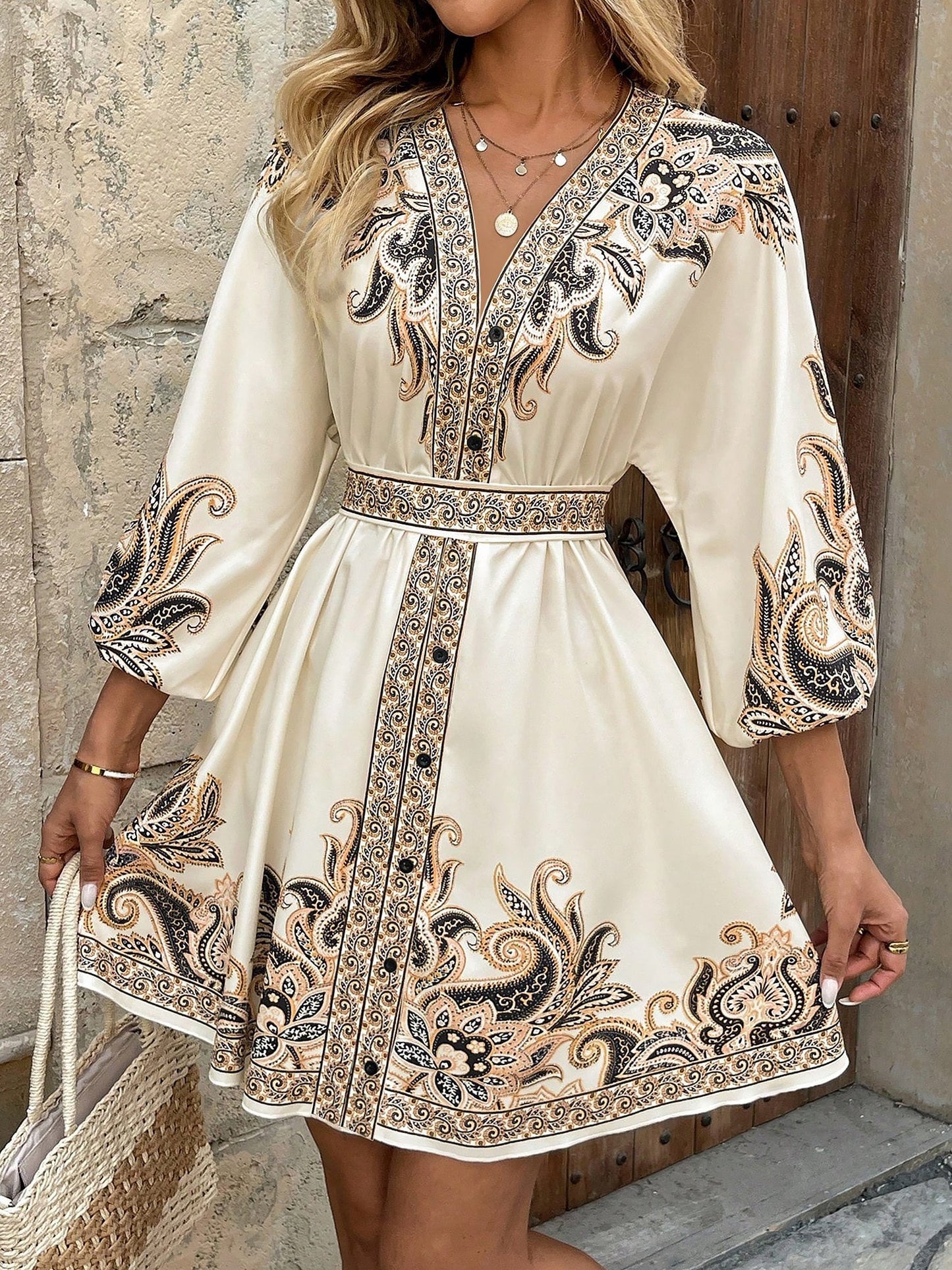 Effortless Printed Mini Dress for Women with V Neck Long Sleeve Belted Waist