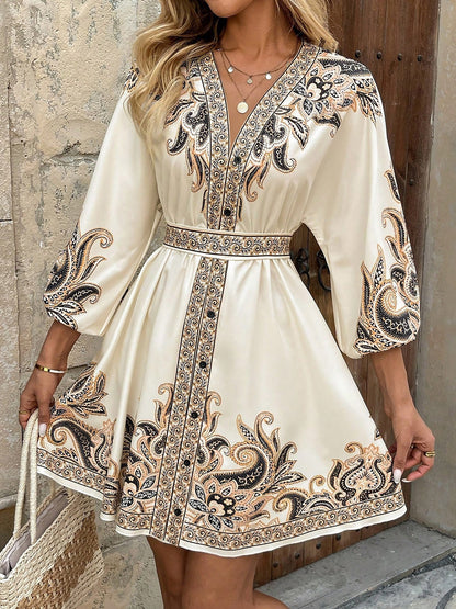 Effortless Printed Mini Dress for Women with V Neck Long Sleeve Belted Waist