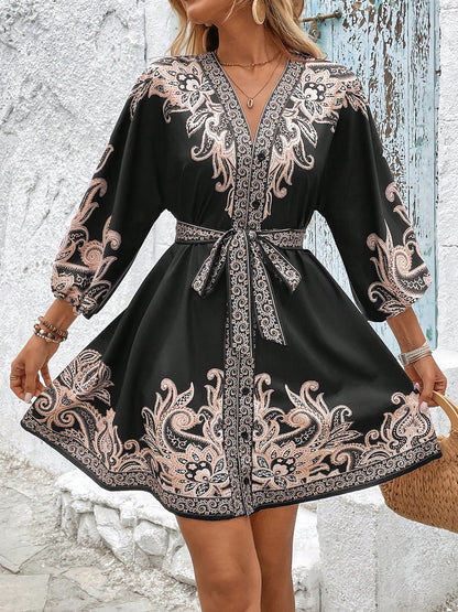 Effortless Printed Mini Dress for Women with V Neck Long Sleeve Belted Waist