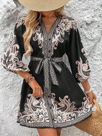 Effortless Printed Mini Dress for Women with V Neck Long Sleeve Belted Waist