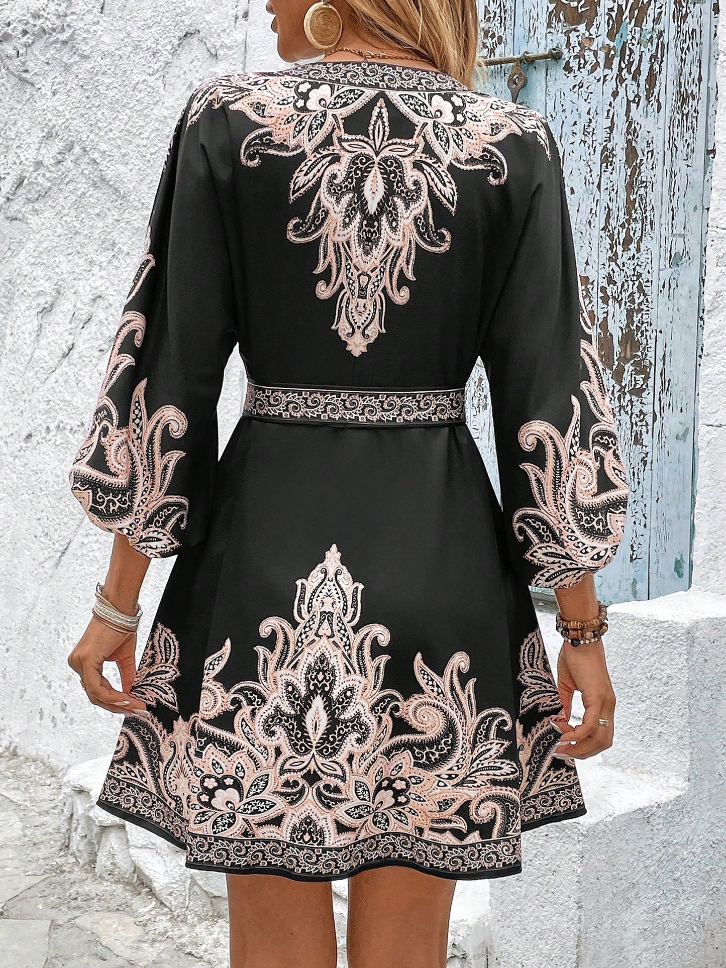 Effortless Printed Mini Dress for Women with V Neck Long Sleeve Belted Waist