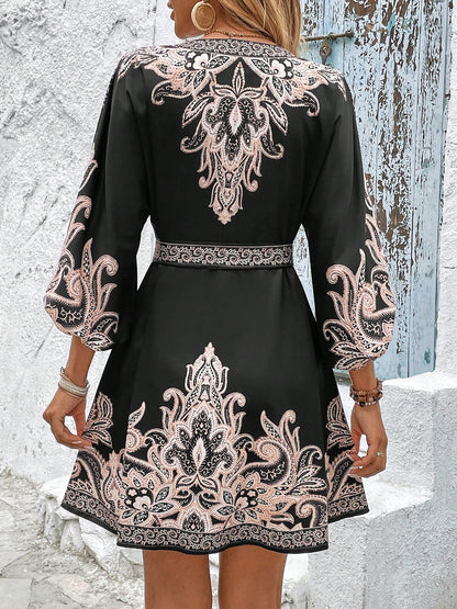 Effortless Printed Mini Dress for Women with V Neck Long Sleeve Belted Waist