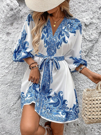 Effortless Printed Mini Dress for Women with V Neck Long Sleeve Belted Waist