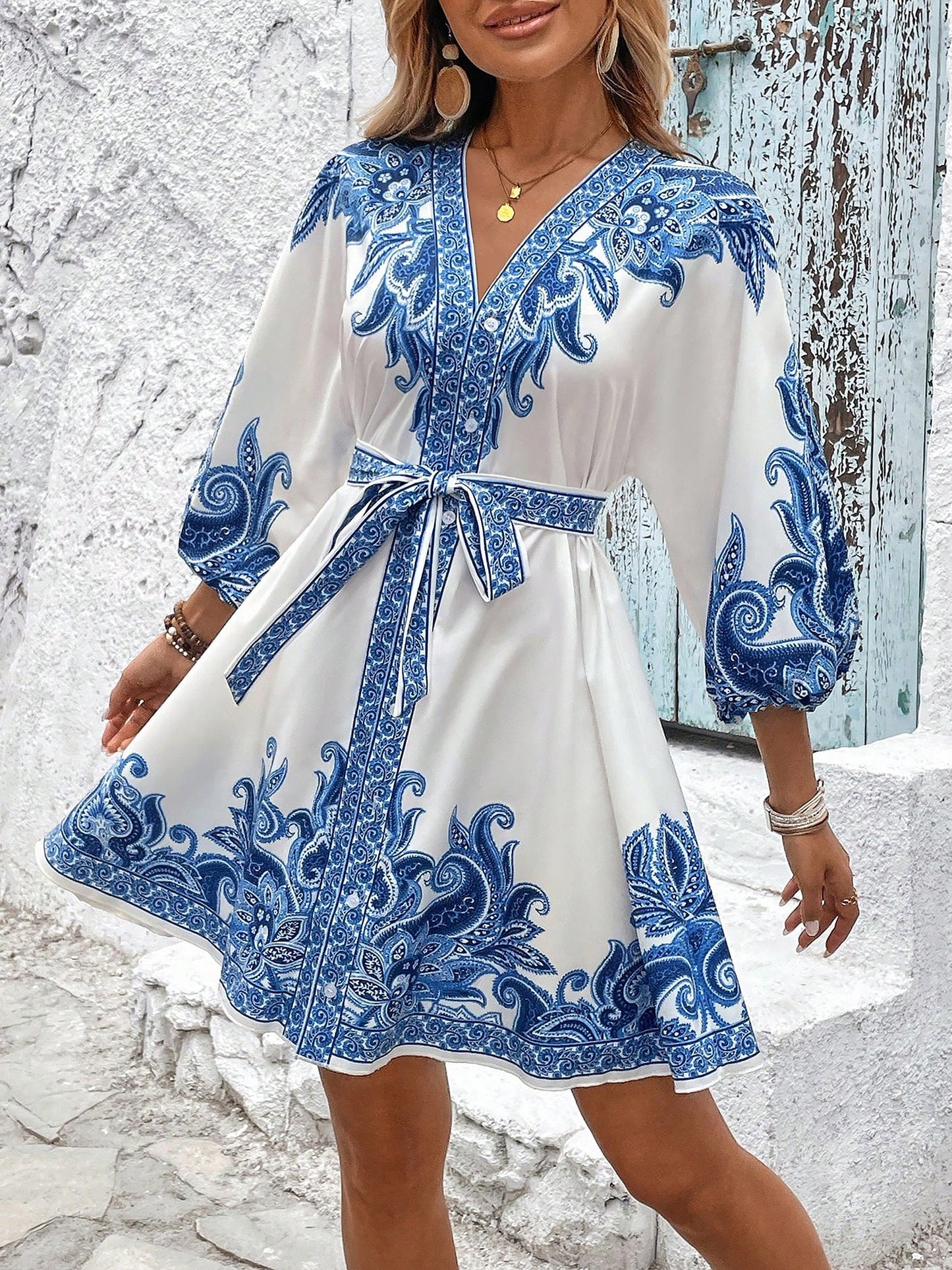 Effortless Printed Mini Dress for Women with V Neck Long Sleeve Belted Waist