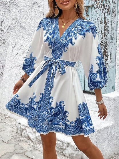Effortless Printed Mini Dress for Women with V Neck Long Sleeve Belted Waist