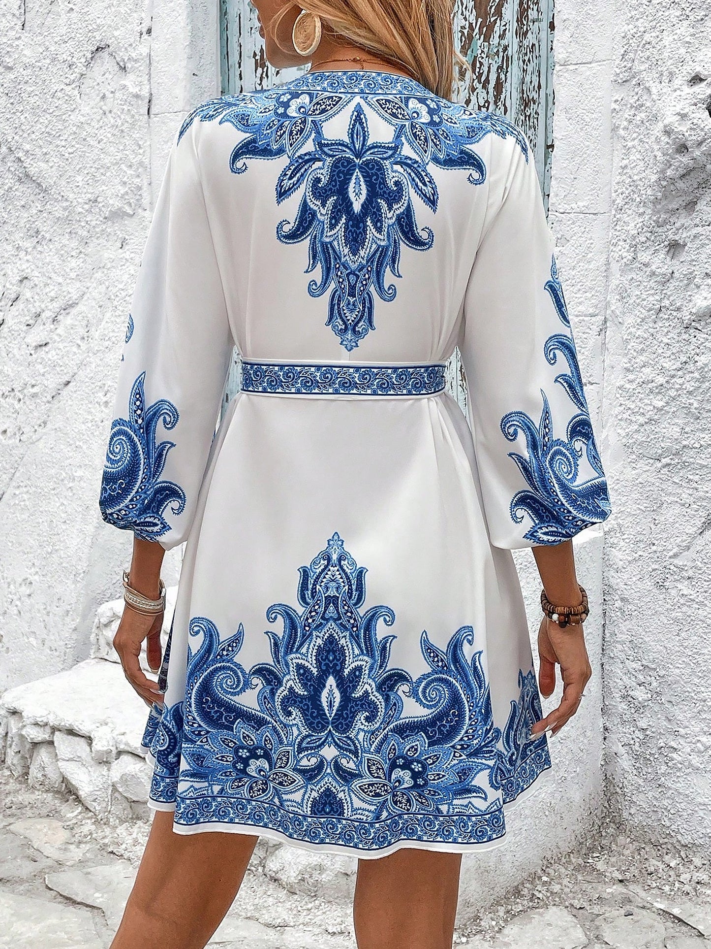 Effortless Printed Mini Dress for Women with V Neck Long Sleeve Belted Waist
