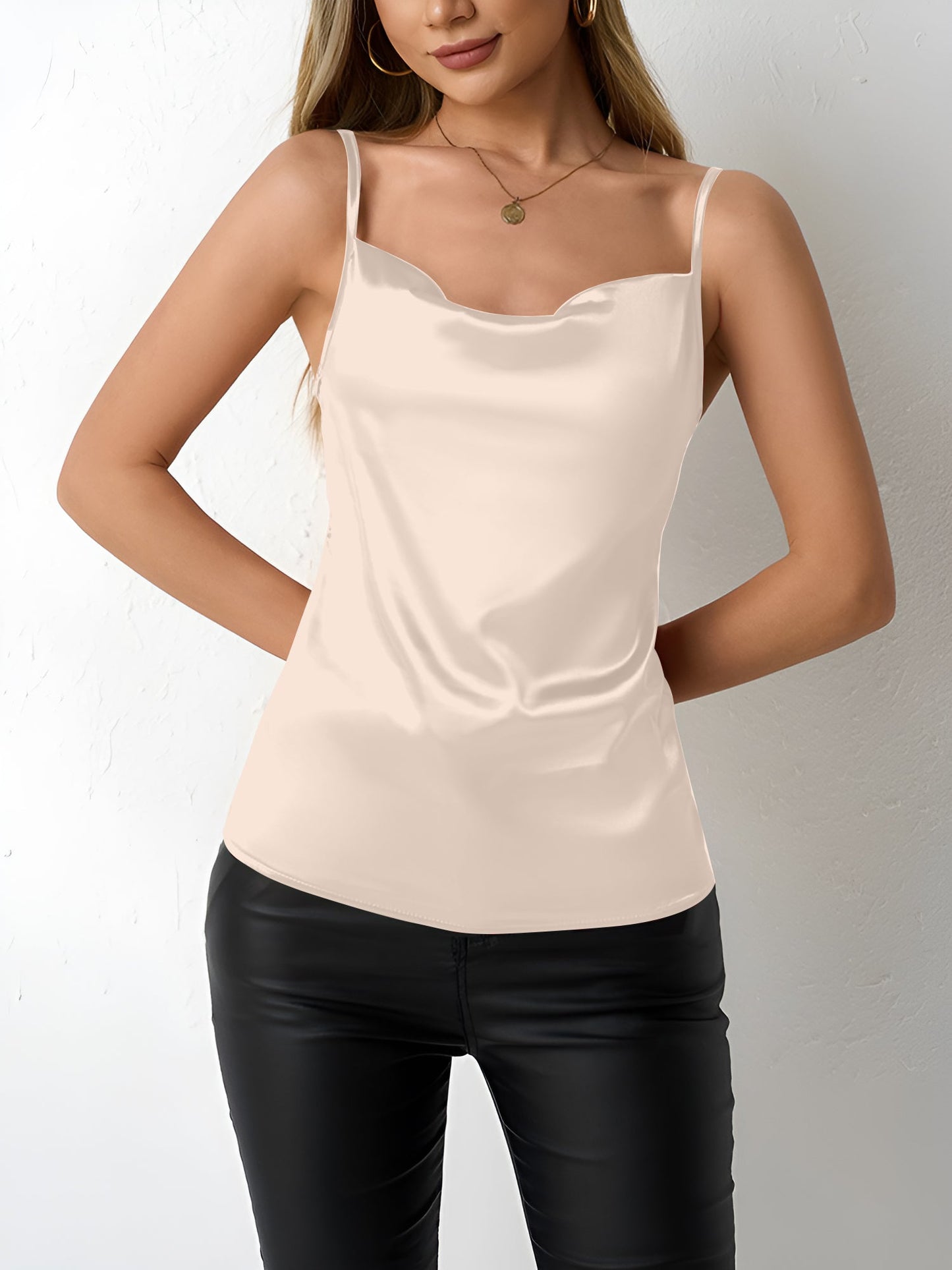 Elegant Satin Cami Top for Women with Cowl Neck Adjustable Strap Style