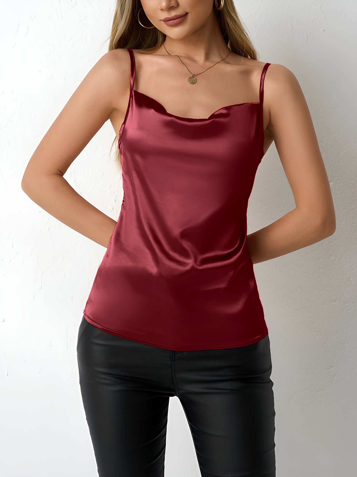 Elegant Satin Cami Top for Women with Cowl Neck Adjustable Strap Style