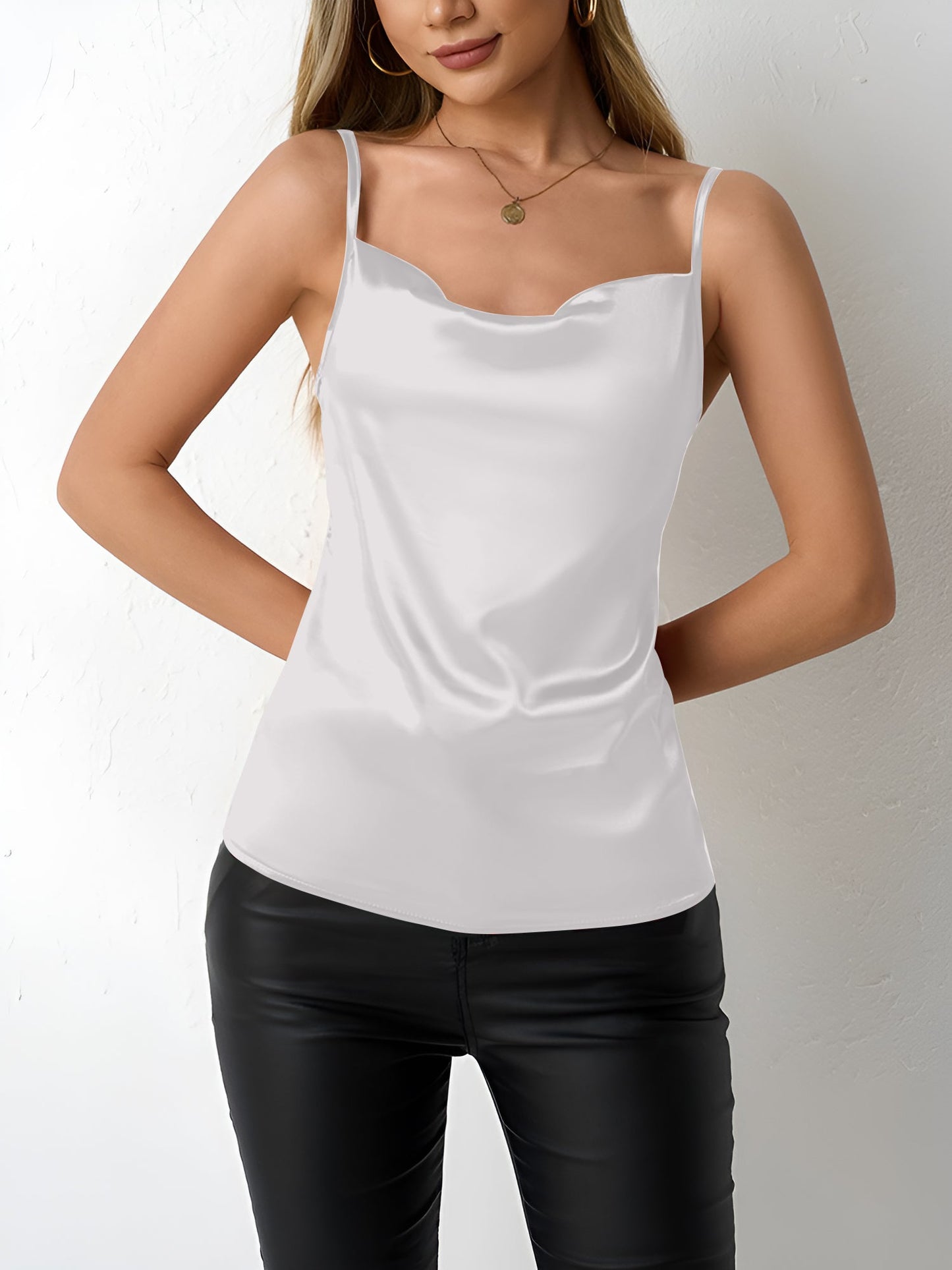 Elegant Satin Cami Top for Women with Cowl Neck Adjustable Strap Style