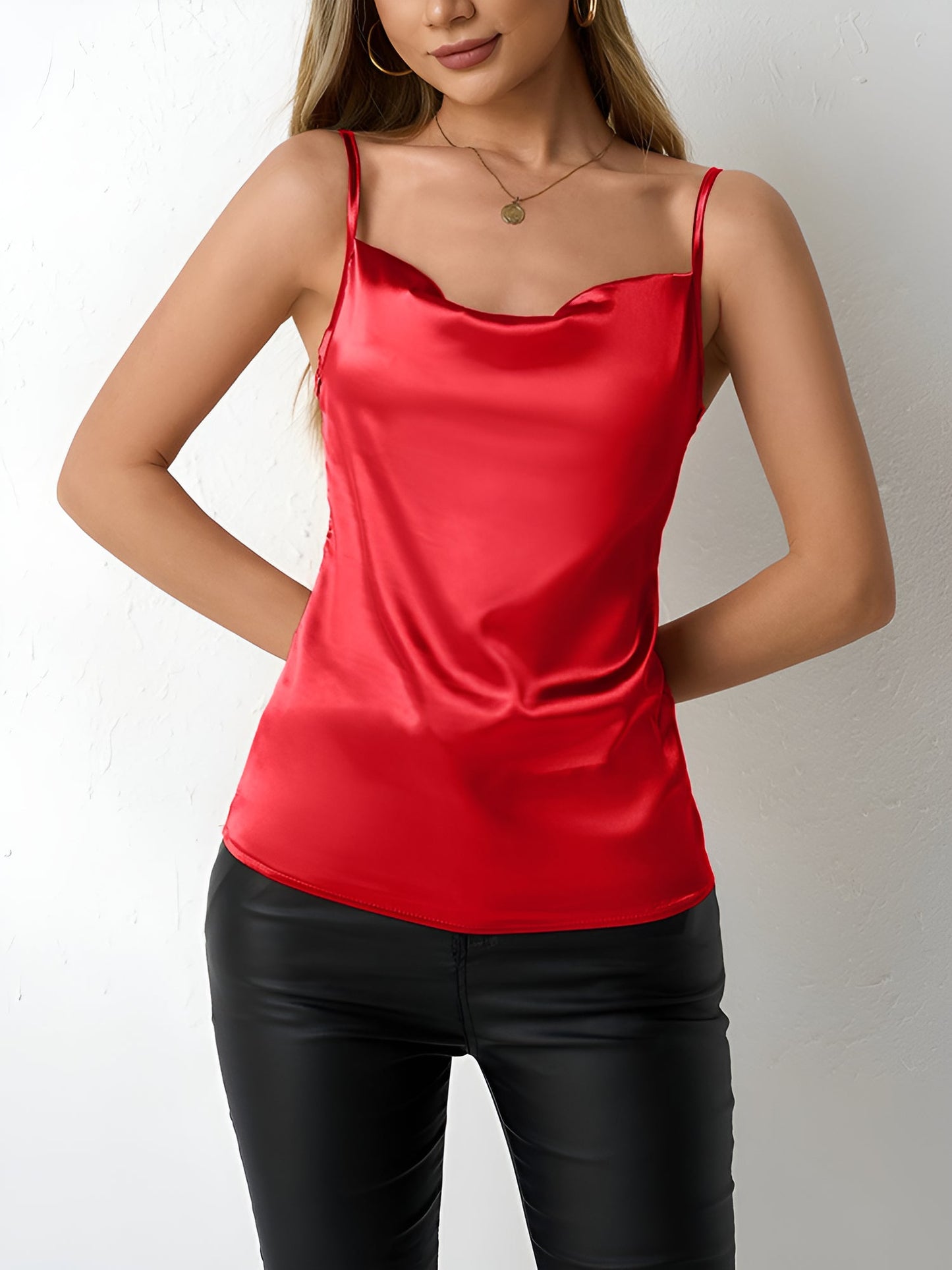 Elegant Satin Cami Top for Women with Cowl Neck Adjustable Strap Style