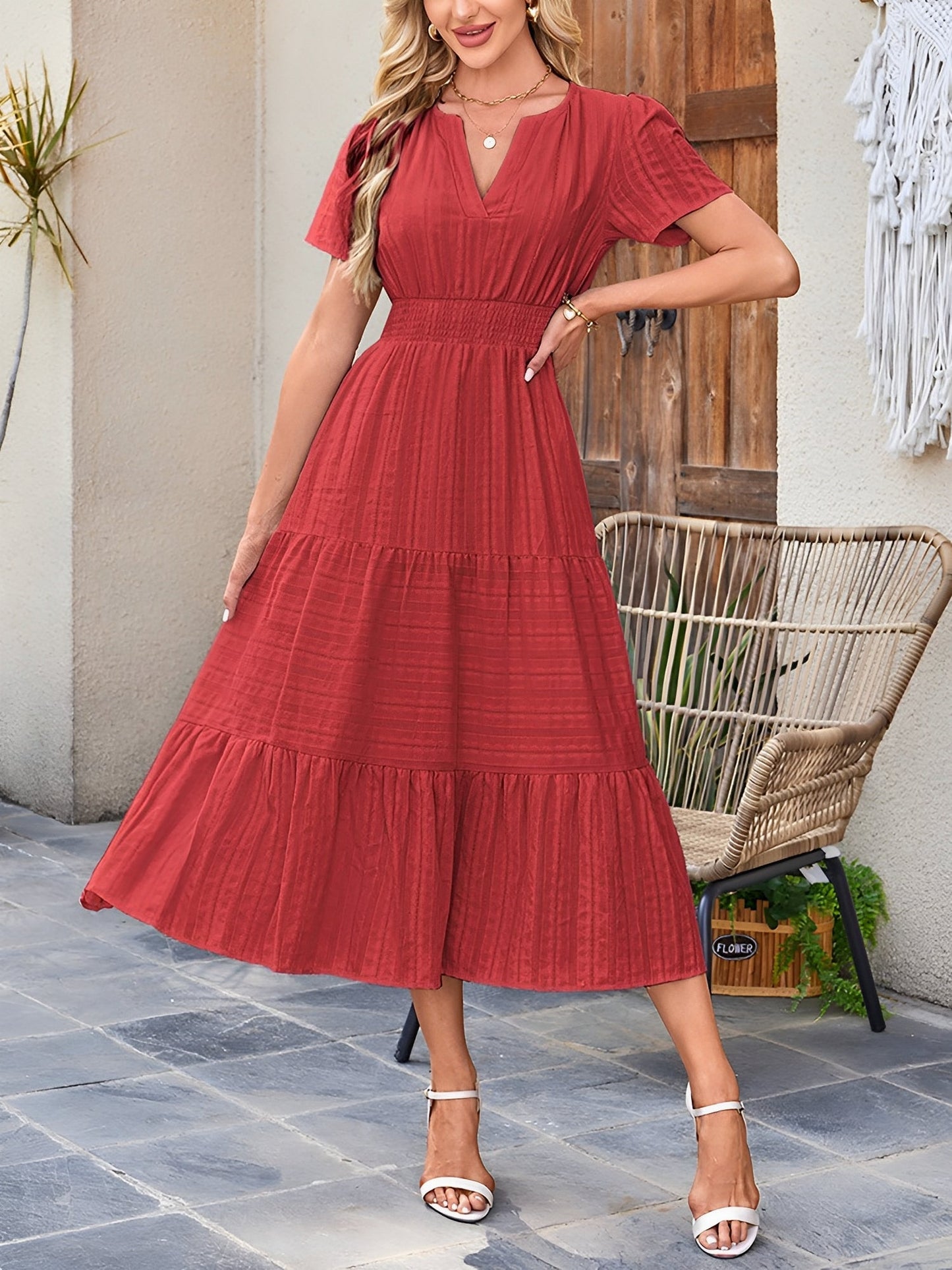 Elegant Red Dress for Women with V Neck Puff Sleeve Tiered Flowy Midi Style