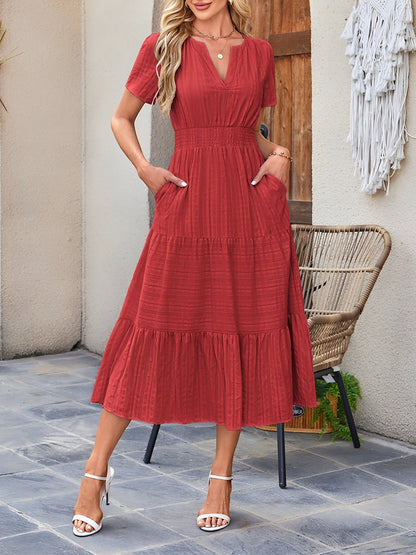 Elegant Red Dress for Women with V Neck Puff Sleeve Tiered Flowy Midi Style