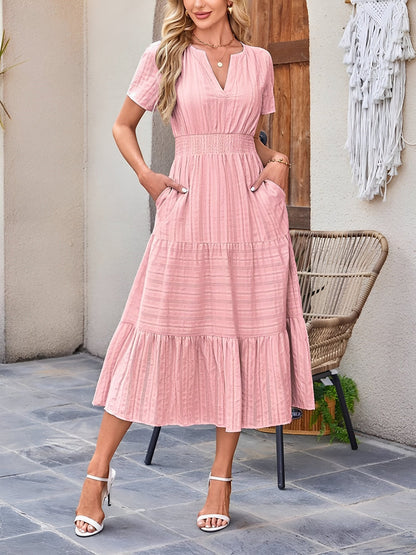 Elegant Pink Dress for Women with V Neck Short Sleeve Tiered Midi Style