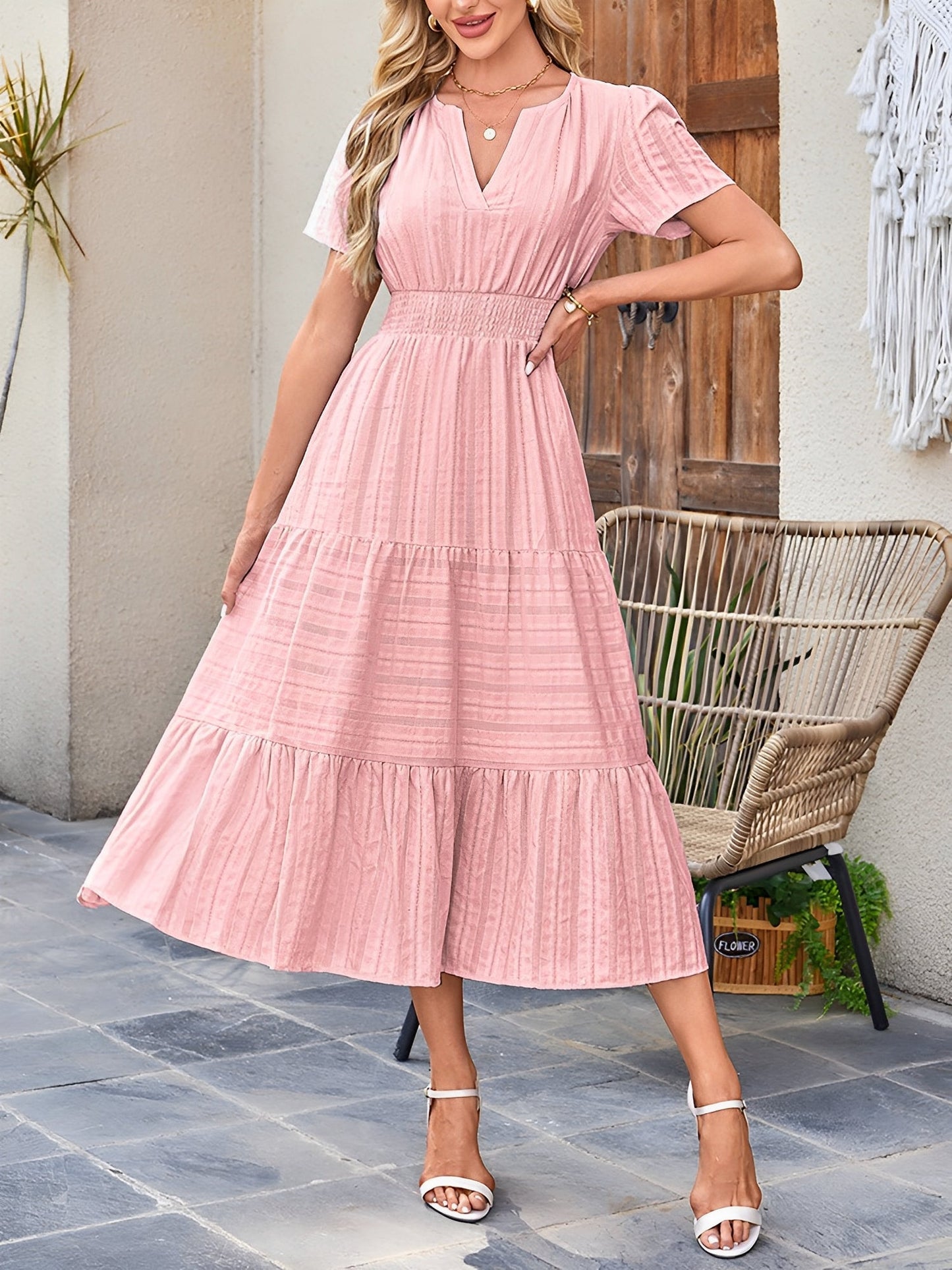 Elegant Pink Dress for Women with V Neck Short Sleeve Tiered Midi Style