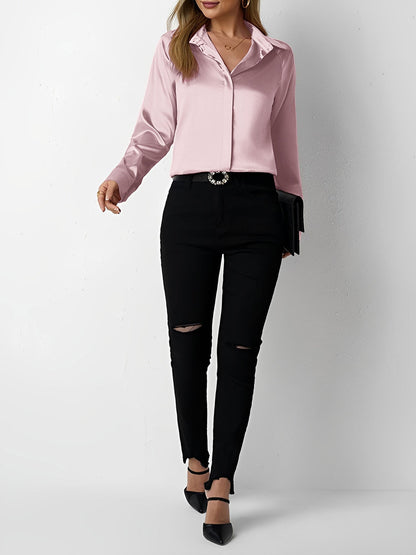 Elegant Blouses for Women with Satin Collared Long Sleeve Solid Work Style