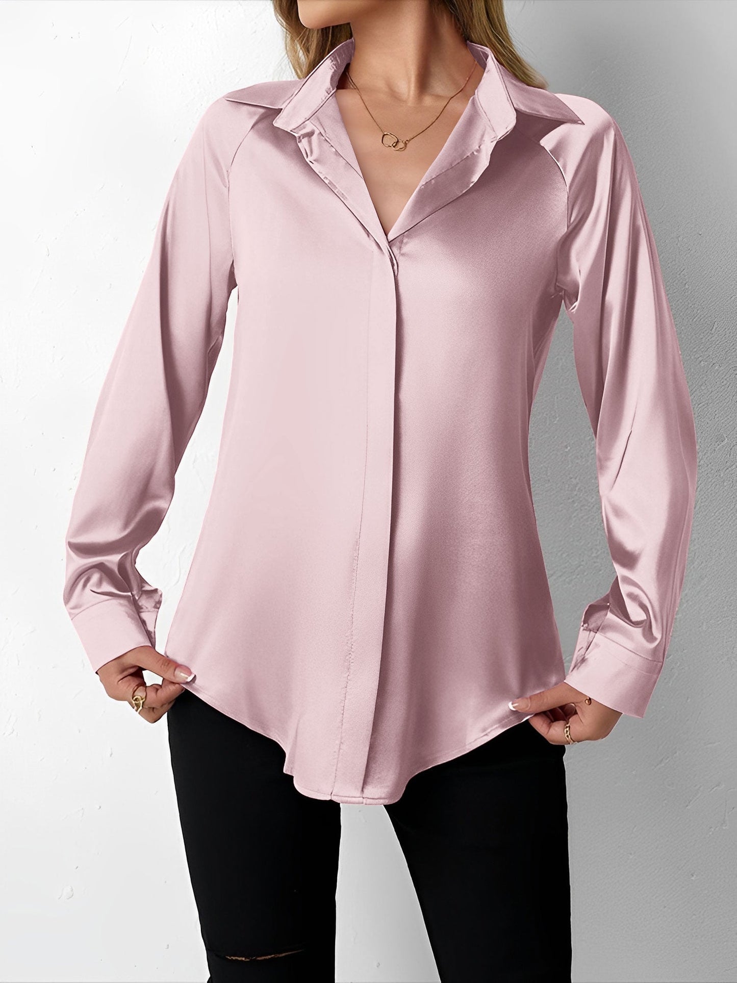 Elegant Blouses for Women with Satin Collared Long Sleeve Solid Work Style