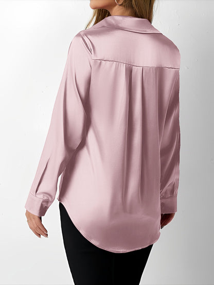 Elegant Blouses for Women with Satin Collared Long Sleeve Solid Work Style
