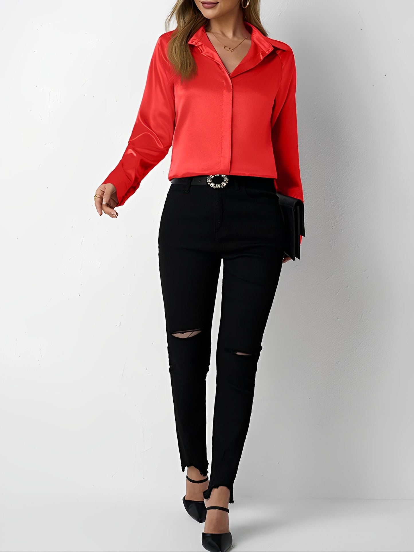 Elegant Blouses for Women with Satin Collared Long Sleeve Solid Work Style
