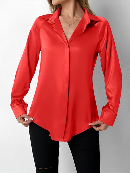 Elegant Blouses for Women with Satin Collared Long Sleeve Solid Work Style