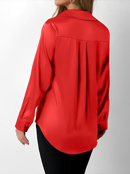 Elegant Blouses for Women with Satin Collared Long Sleeve Solid Work Style