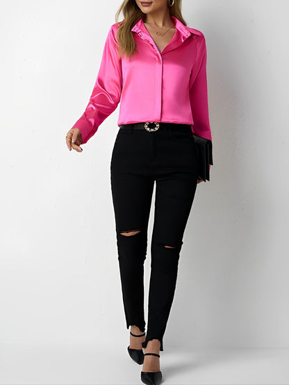 Elegant Blouses for Women with Satin Collared Long Sleeve Solid Work Style